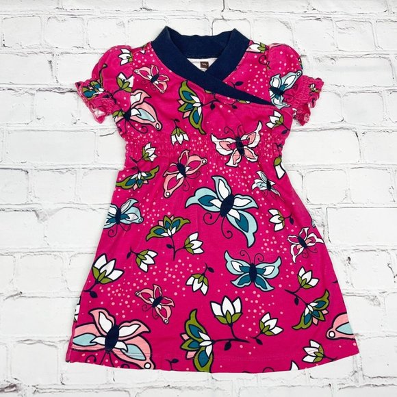 Tea Collection Butterfly Print Wrap Neck Dress 12-18 Months Pink Blue Multi - Picture 2 of 8
